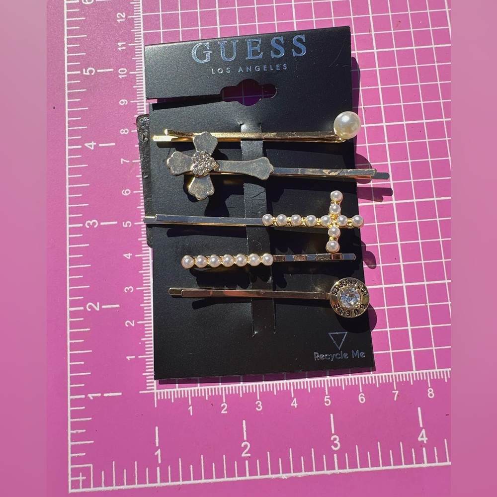 Guess 5pc hair clips gold tone white pearls heart cross logo diamond crystal NWT